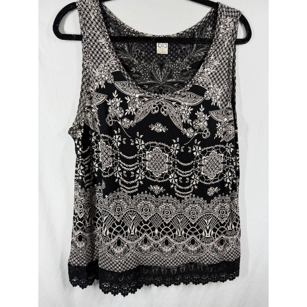 Bila 77 Boho Tank Top Large Black Beige Sequin Lace Trim Crochet Hem Medallion L